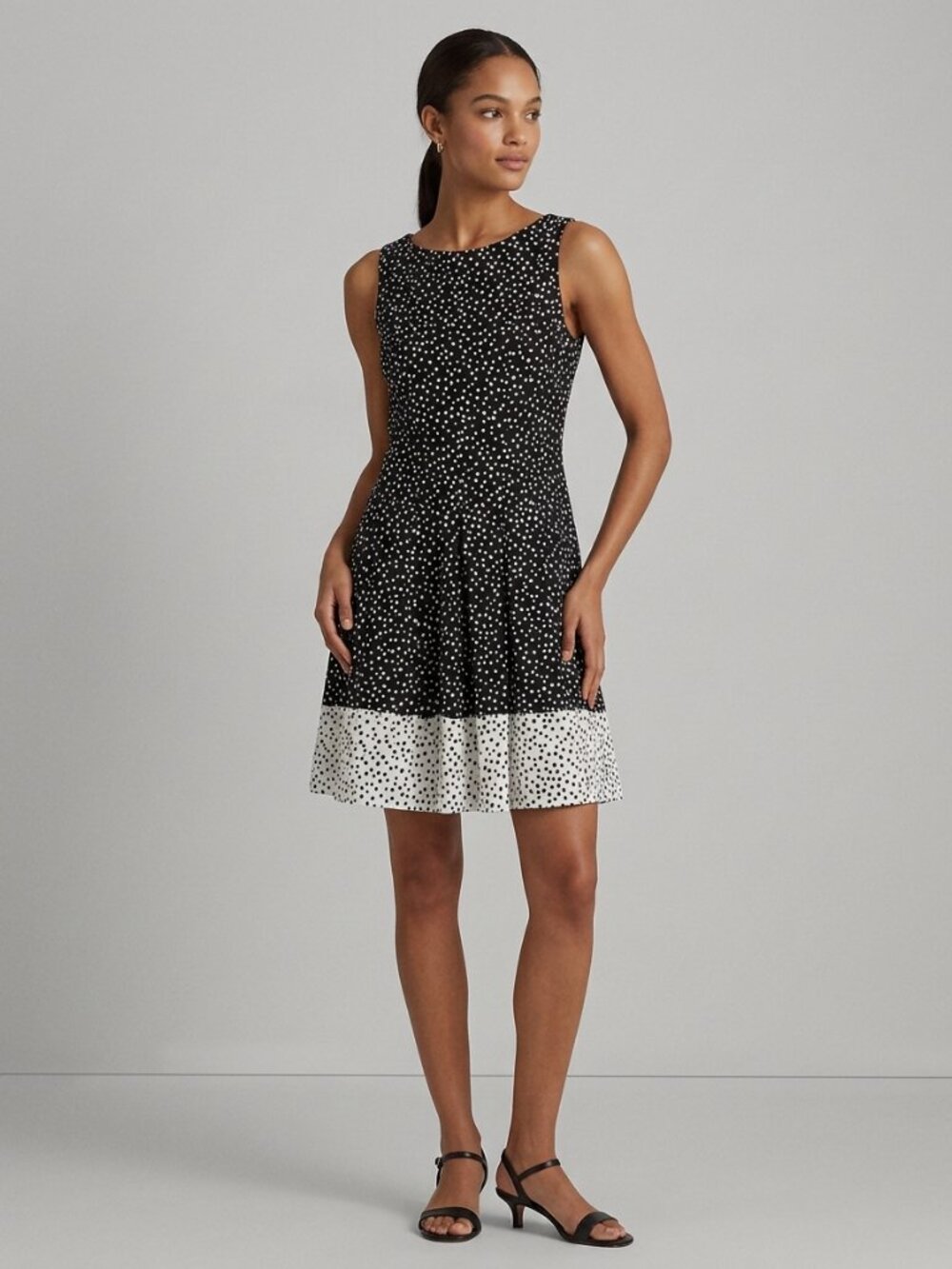 Lauren Ralph Lauren Black White Polka Dot Pleated Dress Size 6 Fit Flare Classic